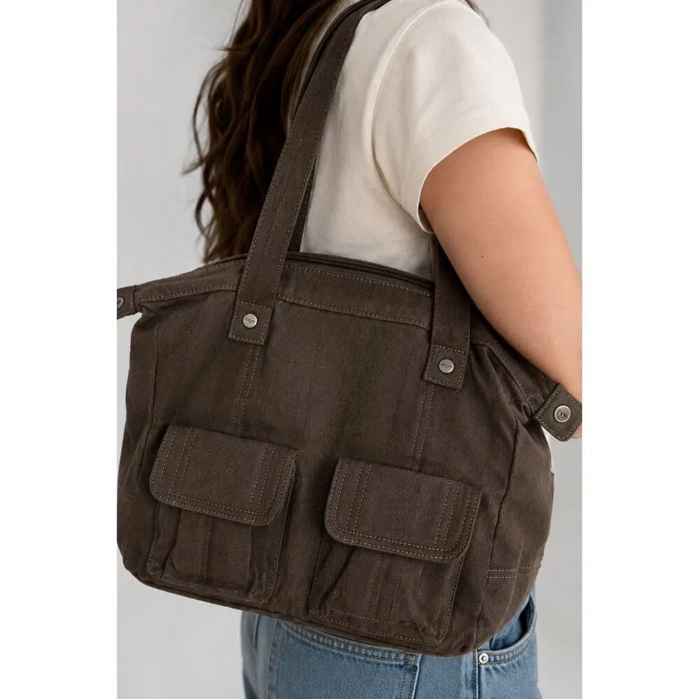 Thirty-One Linen Blend Brown Shoulder Tote Bag Multi Pocket Canvas Style Handbag